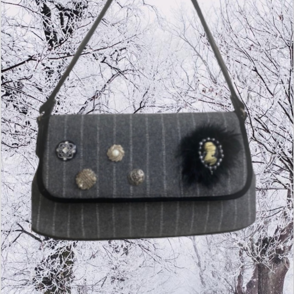 Vintage Handbag Gray Tweed Hand Crafted Buttons Cameo Pin Antique Grandmacore
